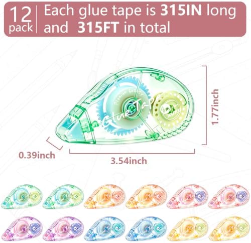 12 Pack Scrapbooking Tape Glue Tape Adhesive Dots Tape | Double Sided Tape Dispenser Runner for Crafts and Arts Projects (6 Color)