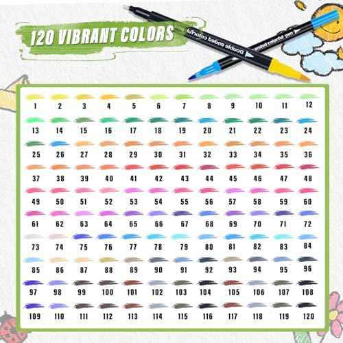 120 Colors Dual Markers Brush Pens ,Dual Tip Brush&Fine Tip Markers for Adult Kids Coloring,Water-based Ink Art Marker,Calligraphy Pens Fineliner and Brush Tips for Hand Lettering, Journal, Doodling