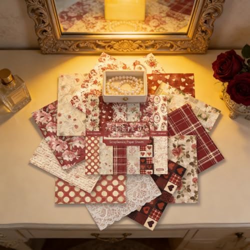 Vintage Red Scrapbooking Paper Pad - 24 Sheets 6in Flowers Aesthetic Patterned Decorative for Decoupage Journals Wrapping Folded Supplies Gift Anniversary Cards DIY Crafts Photo Album Origami