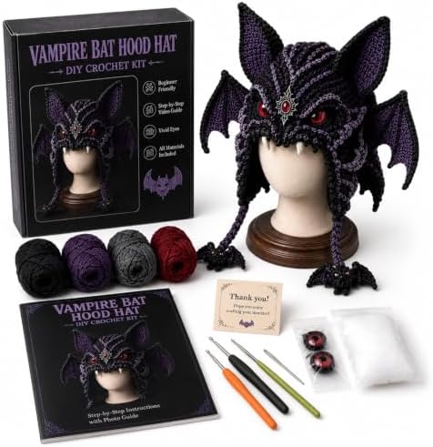 LWLQCZJ DIY Crochet Kit Fantasy Animal Hood Hat Beginner Craft Set with Yarn & Hook (BAT)
