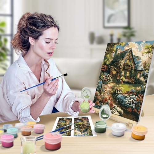 JOOZ Paint by Numbers Kit for Adults with Frame, Landscape Paint by Number Canvas, House Flowers Paint by Number with Easel, DIY Acrylic Oil Painting Kit for Home Wall Decor 8 x 12 Inch
