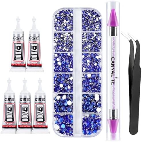 Canvalite 1500PCS Blue Rhinestones Flat Back Gems, Nail Rhinestones Nail Art Gems with Pick Up Tweezers and Rhinestone Picker Dotting Pen, Nail Art Tools for Nails, Clothes, Face, Craft…