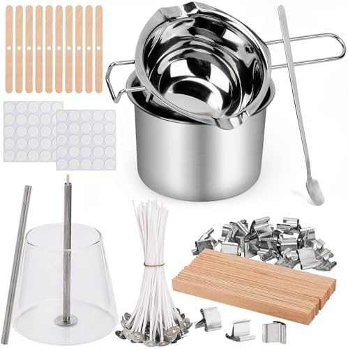 Blingfun Double Boiler Pot Set, Stainless Steel Melting Pot with Candle Wicks, Stickers,Wick Holders,Wick Placing Tube for Soap, Wax, Candle Making