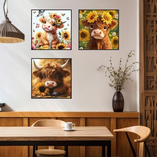 Benjenes 3PCS Highland Cow Diamond Art Kits for Adults, Diamond Painting