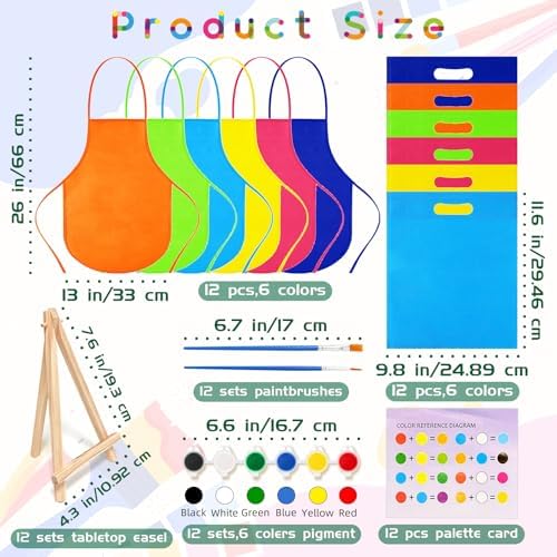 48PCS 12 Sets Printed Canvas Paint Art 12 Pcs Wooden Easel Set Paint Pots and Brushes and 12 Pre Drawn Canvas Panel 12 Pcs Mini Apron and Tote Bag for Kids(Animal)