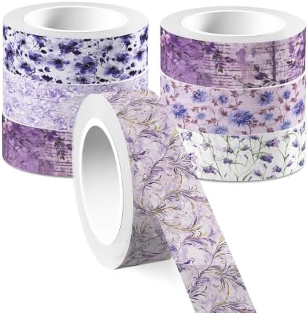Purple Floral Washi Tape Set - 12 Rolls Decorative Masking Tape Crafts