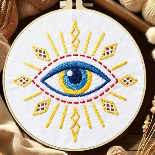 FREEBLOSS 4 Set Embroidery Kit Hamsa Pattern Stamped Embroidery Starter Kit with Step by Step Instructions, Colored Threads, 2 Hoops, Needlepoint Kits for Hand Craft Lovers Gift, 30cm/11.8inch