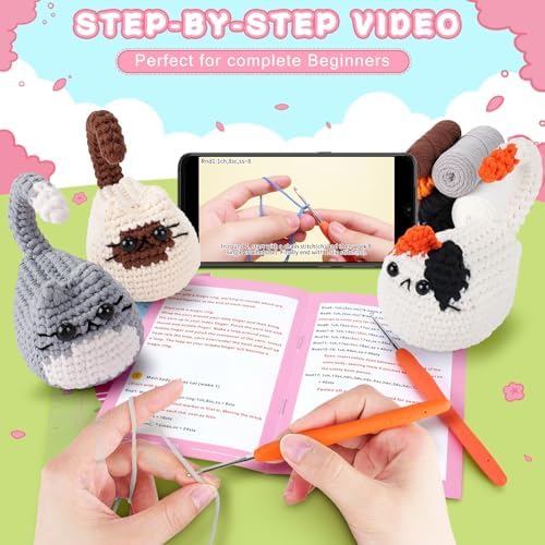 Cat Crochet Kit for Beginners-3PCS Cats Crochet Kits,Teacher Appreciation Gifts for Women, Crochet Starter Kit with Step-by-Step Video Tutorials,Crochet Animal Kits DIY Craft Learn to Crochet Kits
