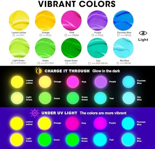 26 Pcs Glow in the Dark Acrylic Paint Set, 10 Colors (2oz/60ml)