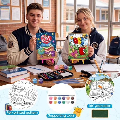 Blosssound 10 Set Back to School Pre Printed Canvas Pre Drawn Canvas Painting with Easel Kits 5" x 7" Outline Painting Panels for Beginners, DIY Craft Project, Party Favor, Home Decors