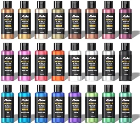 ABEIER Metallic Acrylic Paint Set 24 Colors 2oz Rich Pigments Non-Toxic