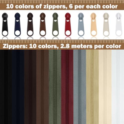 DOITEM 31 Yards 10 Pieces Sewing Zippers #3 Nylon Coil Zippers Assorted Zipper for Sewing with 40 Zipper Sliders for DIY Tailor Sewing Crafts Supplies, 10 Colors
