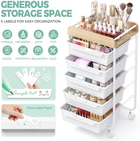 SYKIARIOL Rolling Cart with 5 Drawers,Art Craft Cart,White