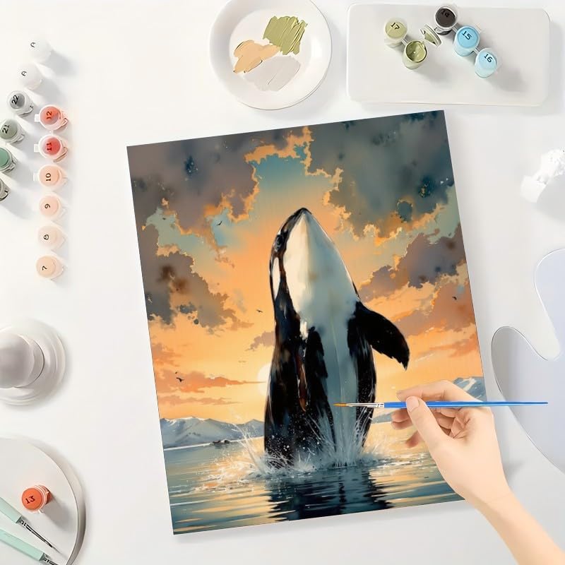 ENTORLAB Orca Whale Paint by Numbers Kit for Adults - DIY Jumping Killer Whale at Sunset Painting on Canvas 12X16IN Framed, Acrylic Paint Set, Suitable for Beginners, Art for Home Decoration or Gifts