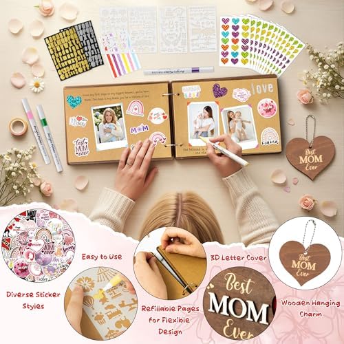 CY2SIDE Best Mom Ever Album Scrapbook - Mother’s Day Wooden Scrapbook Craft Kit, DIY Photo Memories Book with 30 Brown Pages Birthday Gift for Mother’s Day, DIY Handmade Scrapbook Gift for Mom Grandma
