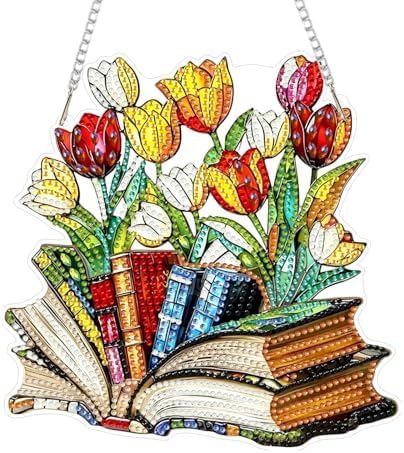 CRZMODE Tulip Diamond Art Hanging Kit for Adults, Book Pendant Diamonds Painting Art Kit, Special Crystal Diamond Art Painting Pendant Ornament, Craft Gift for Women Home Window Decor