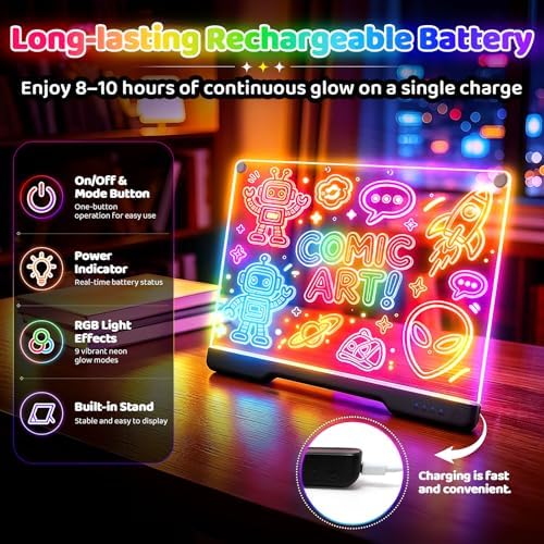 LED Drawing Board with 9 Light Effects, Rechargeable 16" Glow Doodle Note Message Board with Colors, Neon Light Up Drawing Pad Gift Ideas for Kids, Birthday, Christmas with Markers & Tracing Book