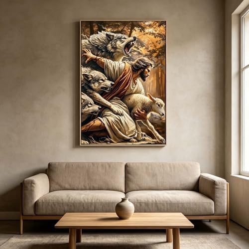 Paint by Numbers Kit for Adults - Shepherd Protecting Lamb from Wolves, DIY Paint by Number, Biblical Themed Oil Painting Canvas, Adults Paint by Number Kits for Decor