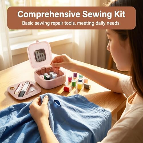 Portable Sewing Kit for Adults and Beginners, 41 Pcs Needle and Thread Set with Storage Case for Clothing Repair, Buttons and Small Tears, Includes Needles, Thread, Scissors and Tape Measure, Pink