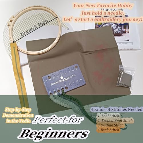FONNUY Embroidery Kit Makeup Bag for Beginners, Flowers Pre-Stamped Pattern Handbag Coin Purses Making Kits for Adults with Hoop, Easy to Follow Color Thread Needlework (Grey)