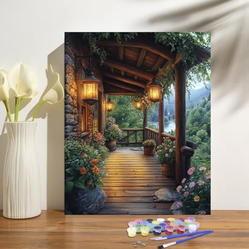 obterie Landscape Paint by Numbers Kit for Adults Beginner Garden Oil Painting Kit Adult Paint by Number Kits on Canvas DIY Painting for Beginners Art by Numbers for Gifts Home Wall Decor 16x20 Inch