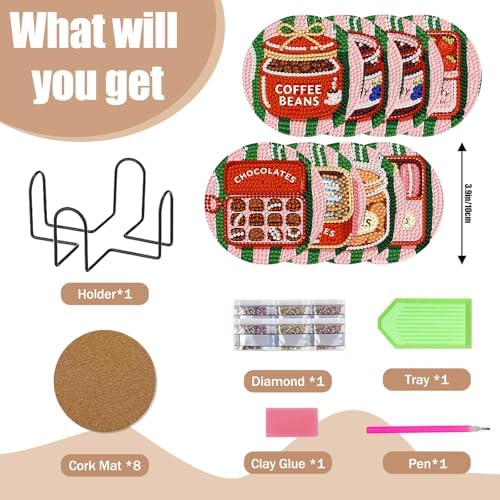 CRZMODE 8 Pcs Diamond Art Coasters Kits, Food Diamond Painting Coasters