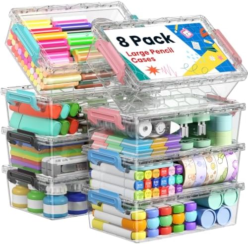 BiuLeon 8 Pack Large Pencil Box Set, Plastic Clear Pencil Case Marker Organizer, Crayon Box Craft Organizers, Stackable Storage Containers with Lid for Pen, Art and Craft Supplies(Color)