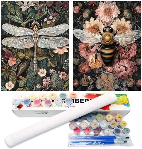 Mandun 2 Pack Paint by Numbers Kit for Adults, Dragonfly Bee Paint by Numbers for Adults, DIY Adult Painting by Numbers Beginners on Canvas Acrylic for Home Wall Art Decor 12x16Inch (Rolled Package)