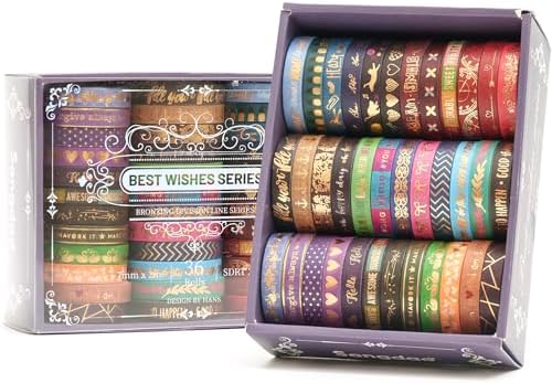 36 Rolls Skinny Washi Tape Set Gold Foil Detailing Arts Adhesive Tapes Basic Patterns Decorative Masking Tape Sets for Craft, Kids, Scrapbook, DIY, Gift Wrapping (Bronzing Letters)