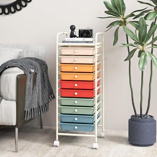 Storage Cart, Rolling Utility Cart with 10 Drawers, Portable Handles & Lockable Wheels, Mobile Paper Toys Storage Organizer Large Capacity for Home Office School Teacher (Macaron)