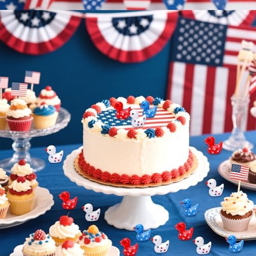 JUNEBRUSHS 50 Pcs Patriotic Ducks Mini Resin Duck 4th of July Tiny Ducks Red White Blue Miniature Ornaments for Vase Filler Jewelry Making DIY Crafts Party Gifts Decorations