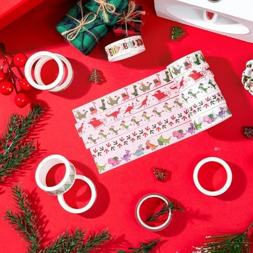 Christmas Dinosaur Washi Tape - 12 Rolls Dinosaur Footprints Christmas Trees Designs, Free Adhesive for Gift Wrapping, Scrapbook, Photo Albums, Journal Decor & DIY Projects