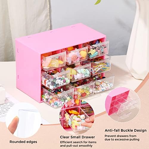 Marsui 4 Pack Desktop Storage Organizer with 9 Drawers Craft Organizer with Mini Drawers Plastic Organizers and Storage Containers for Craft Art Jewelry Cosmetics Sewing Supplies Accessory(Rose Pink)