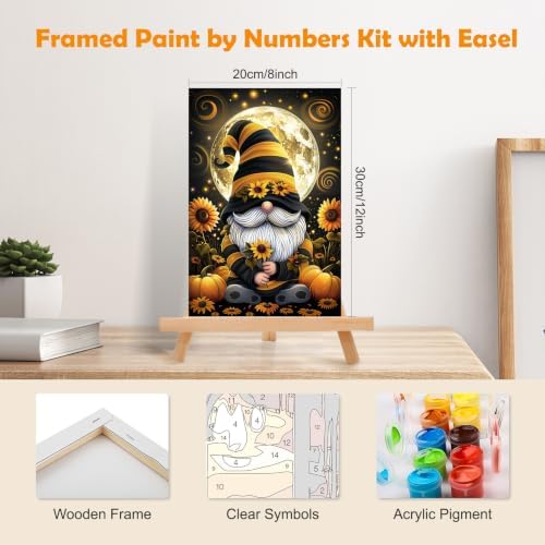 MOGTAA Halloween Paint by Numbers Kit for Adults Beginners with Frame, Gnome Adult Paint by Number Kits on Canvas with Easel, Easy DIY Sunflowers Oil Painting Kits for Home Decor, 8x12in