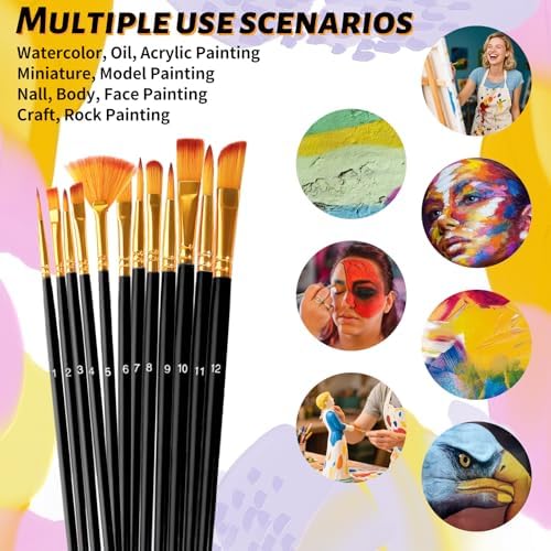 Premium Paint Brushes Set 12 Pcs with Sponges, Anti-Shedding Artist Paintbrush for Acrylic Oil Watercolor, Precision Miniature Detailing Face Paint and Rock Painting for Kids Adults — LuxDuo (Black)