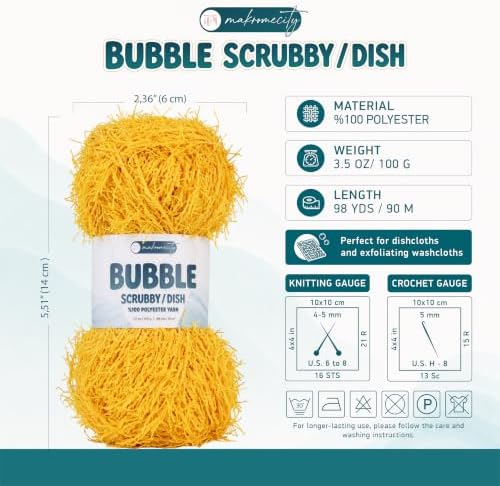 Makromecity Bubble Scrubby Yarn - 100% Premium Polyester Yarn for Crocheting and Knitting - 3.5 Oz (100g), 98 Yds (90m) - Ideal for Dishcloths, Crafting & Bath Washcloths (Yellow, 3 Skeins)