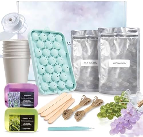 YUVFUDUOV DIY Grape Soap Making Kit - Enough to Make 2 Full Bunches, Includes Silicone Mold, 500g Clear Soap Base, 2x90g Essential Oil Soaps, Jute Rope & Tools, for Handmade Craft Gift & Mother's Day