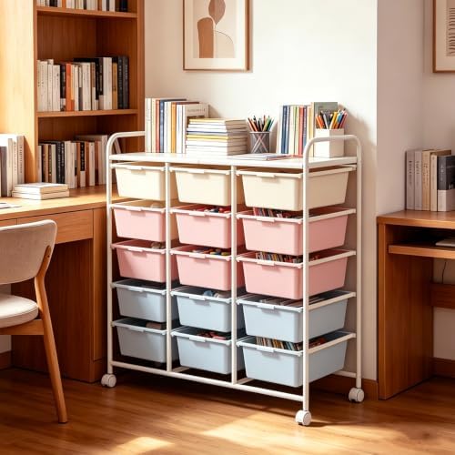 15-Drawer Rolling Storage Cart with Wheels, 3-Color Plastic Drawer Cart | Mobile Organizer Cart, Utility Storage Trolley for Office, Living Room, Craft Room, Bathroom, and Home Organization
