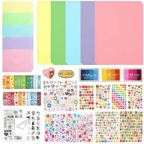 Comealltime Card Making Supplies, Card Making Kit with 30 Greeting Cards and Envelopes Set, Gem Stickers, Washi Tape, Rubber Stamps, Cute Stickers for Birthday Wedding Christmas Greeting Card DIY