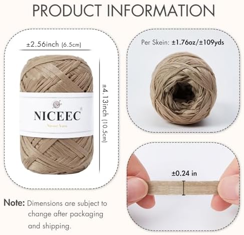 NICEEC 2 Skeins Soft Tape Yarn-Khaki