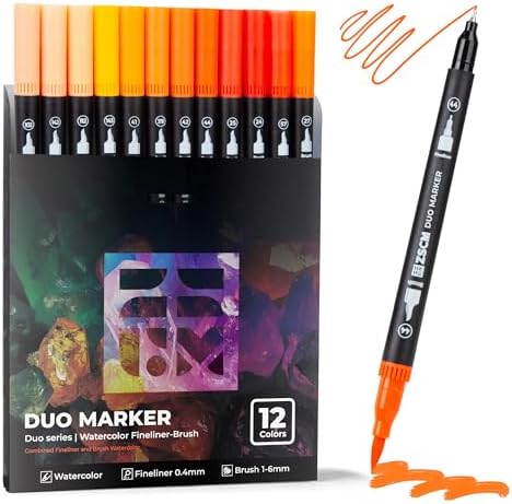 ZSCM QUALITY DECIDES THE FUTURE Orange Duo Tip Marker Pens, 12 Fine & Brush Tip Pen For Adult Coloring Books