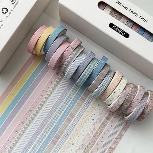 Vintage Washi Tape Set 20 Rolls Skinny Retro Decorative Antique Patterns Masking Tapes for Arts, DIY Crafts, Journals, Planners, Scrapbook, Wrapping (Kawaii)