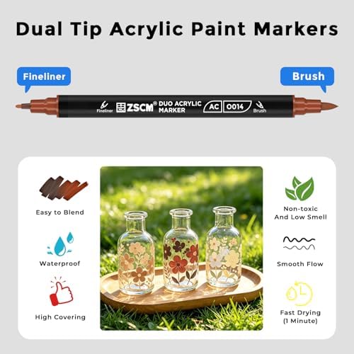 ZSCM 12 Brown Acrylic Paint Markers, Dual Fine & Brush Tip Acrylic Pens