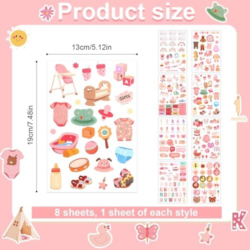8 Sheets Baby Girl Scrapbook Stickers, Various Patterns