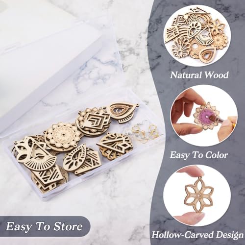 Elecrelive 26Pcs Kite Rhombus Wooden Charms Flower Wood Filigree Charms