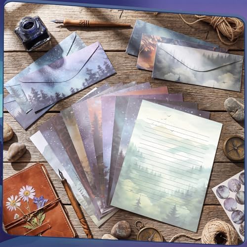 TaoBary 160 Pcs Stationery Paper Kit 50 Double Sided Stationery Papers with 50 Matching Envelopes and 60 Round Dot Sticker, 10 Design(whimsical Watercolor Illustration Starry Night, 8.5 x 11 Inch)