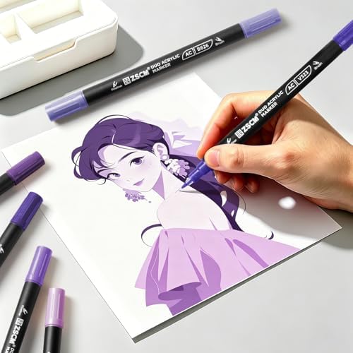 ZSCM 12 Purple Acrylic Paint Markers, Dual Fine & Brush Tip Acrylic Pens