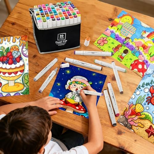 80 Colors Alcohol Markers Dual Tip Brush & Chisel Tips for Coloring Art | Alcohol based blendable ink, no bleed dual tip markers for adult coloring sketching drawing, safe for artists kids beginners