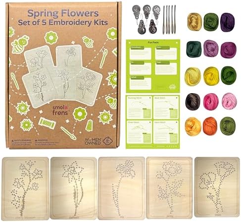 Wooden Flower Lacing Embroidery Kits for Beginners, Set of 5 Learn-to-Stitch Craft Boards, Sewing & Embroidery Art Kits for Kids Ages 8+, DIY Craft Projects, Educational Gifts, Party Favors (Spring)