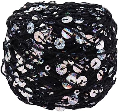 Shimmering Sequin Cotton Yarn 153yard Sparkling Thread Crochet Strings for Headband Beanie Knitting Sweater Weaving DIY Stitch Winter Accessories Rag Doll (Black)